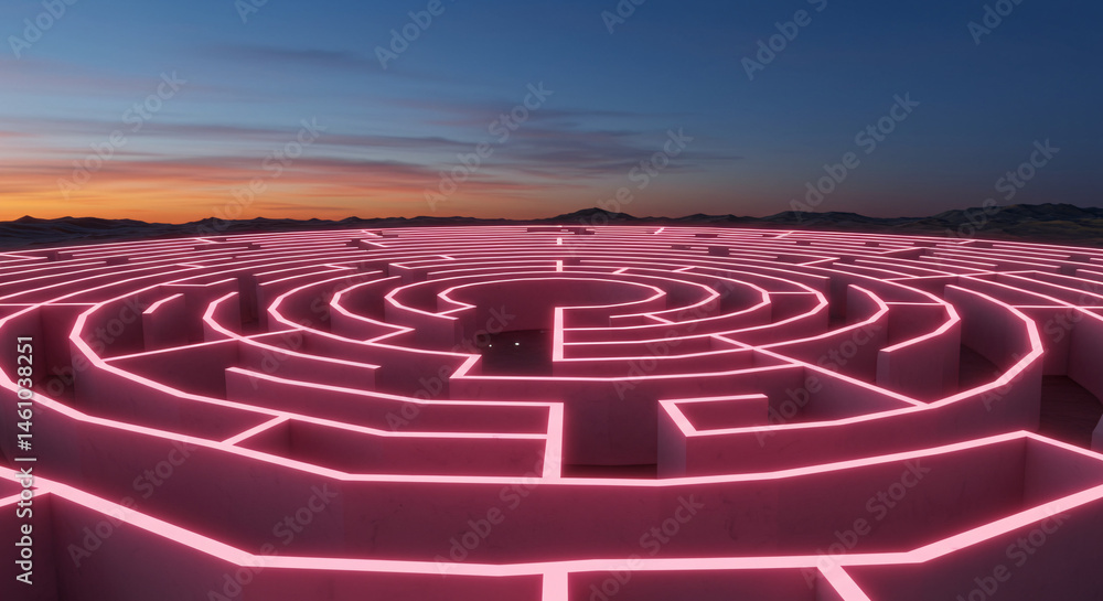 Neon Pink Labyrinth Illuminated At Dusk Against Blue And Orange Sky Neon Pink Labyrinth Illuminated At Dusk Against Blue And Orange Sky