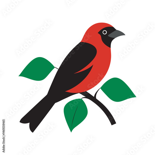 Red Necked Tanager In Sideways View On Leafy Branch