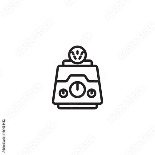 A stylized icon of a futuristic-looking device with a circular top featuring three exclamation points and a central power button flanked by two smaller circles.