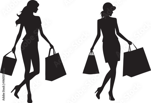 Silhouette vector of a woman holding a shopping bag, simple illustration on a white background.