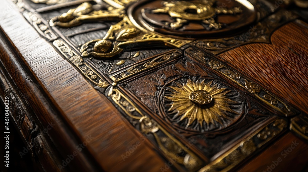 Obraz premium Close-up of a carved wooden temple door decorated with gold inlay and sacred symbols