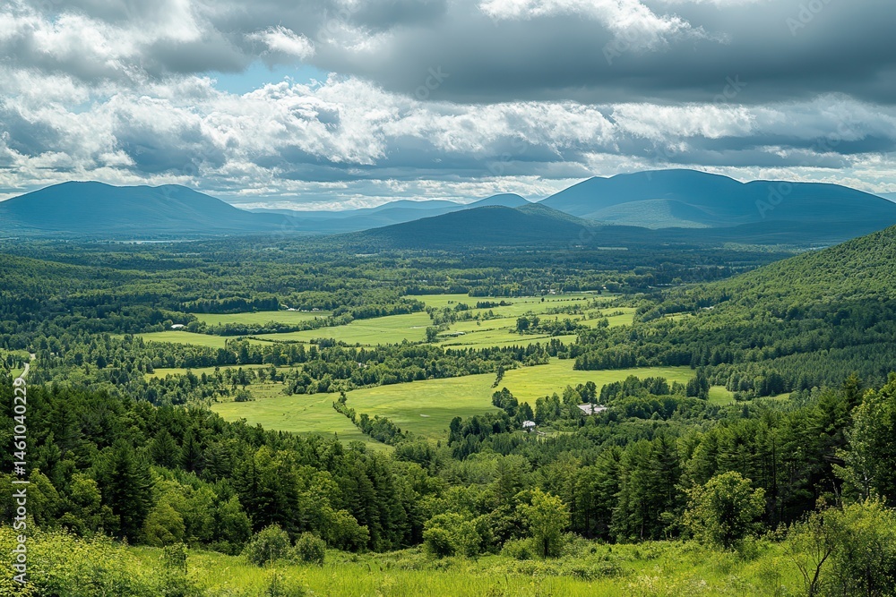 Naklejka premium Rolling green fields meet forested hills under a cloudy sky. Ideal for travel, nature, or landscapes with a peaceful vibe.