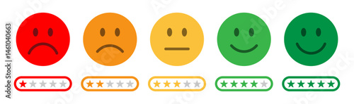 Feedback rating scale with emoji faces from red sad to green happy and star ratings below. Ideal for surveys, reviews, customer experience and satisfaction. Rating emoji, feedback emoji, icons.