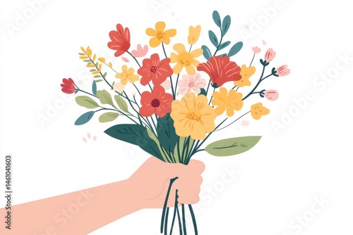 Person holding a beautiful flower bouquet in a flat style artwork indoor setting digital illustration close-up view floral design concept
