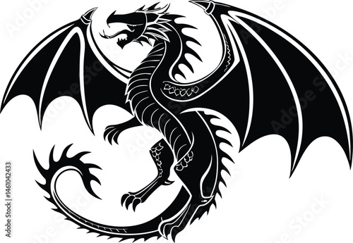 Fierce Dragon Silhouette in Dramatic Pose - Medieval Fantasy Vector Illustration