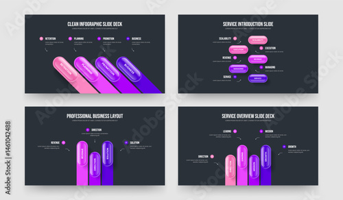 Digital Growth Four Five Three Four Element Diagram Slide Design Vector Illustration Bundle. Professional Planning 4 5 3 4 Step Infographic Presentation Layout Collection.