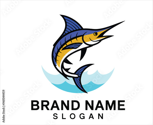Blue Marlin Fish Jumping Logo Design for Fishing Brand