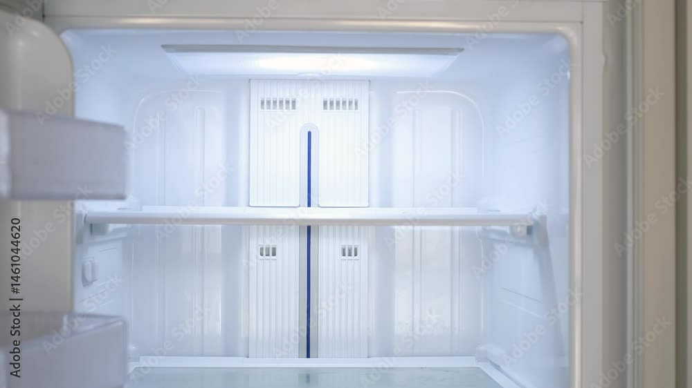 Modern white open refrigerator close-up with empty shelves, front view. Modern white open refrigerator close-up with empty shelves, front view.