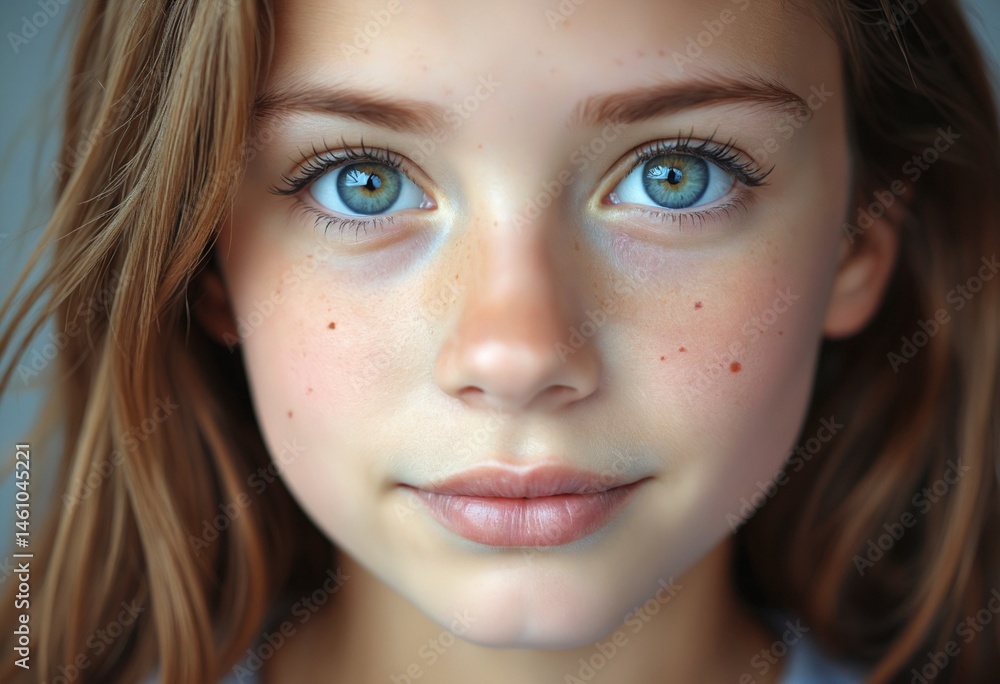 Close up Freckled Face with Blue Eyes Girl Portrait Close up Freckled Face with Blue Eyes Girl Portrait