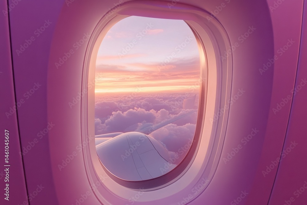Captivating scenic airplane window view high above the clouds pastel sunset sky aerial perspective dreamy landscape for travel enthusiasts Captivating scenic airplane window view high above the clouds pastel sunset sky aerial perspective dreamy landscape for travel enthusiasts