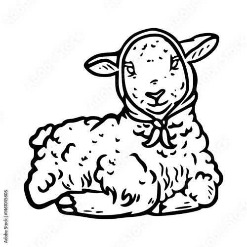 hand-drawn lamb wearing a babushka in vintage art style