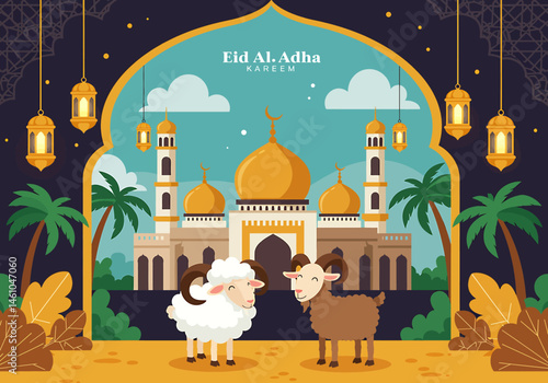 vector flat illustration for Happy Eid Al-Adha. Features a mosque, sheep, camel, cow, crescent moons, stars, lanterns, and palm trees. Perfect for Eid greetings and festive designs