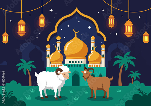 vector flat illustration for Happy Eid Al-Adha. Features a mosque, sheep, camel, cow, crescent moons, stars, lanterns, and palm trees. Perfect for Eid greetings and festive designs