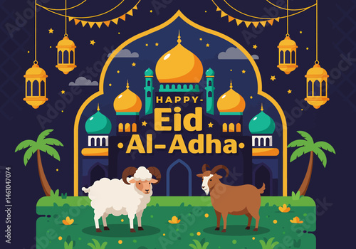 vector flat illustration for Happy Eid Al-Adha. Features a mosque, sheep, camel, cow, crescent moons, stars, lanterns, and palm trees. Perfect for Eid greetings and festive designs