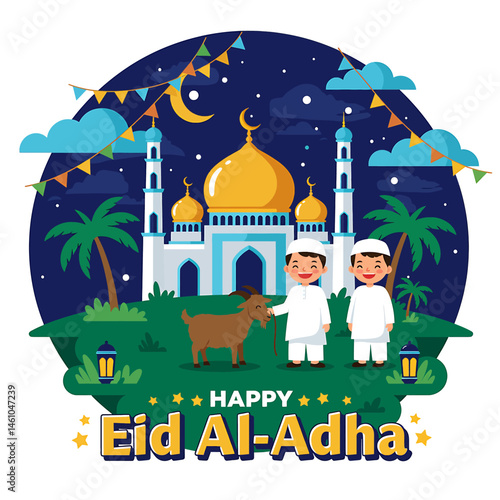 vector flat illustration of a Muslim family celebrating Eid Al-Adha Mubarak with a sheep, cow, goat. Features mosque silhouettes, crescent moon, and stars. Perfect for festive greetings
