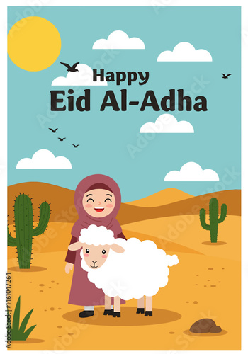 Festive vector flat illustration for Eid Al-Adha Mubarak. Features a happy Muslim girl with a goat in front of a decorated mosque. Perfect for Eid greetings