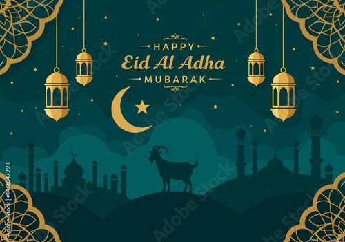 vector flat illustration for Happy Eid Al-Adha. Features a mosque, sheep, camel, cow, crescent moons, stars, lanterns, and palm trees. Perfect for Eid greetings and festive designs