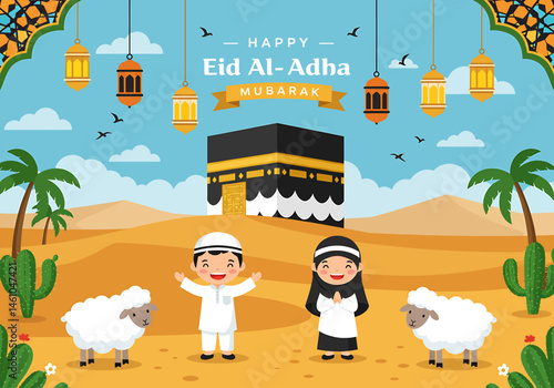 Joyful vector flat illustration for Happy Eid Al-Adha Mubarak featuring the Kaaba, a Muslim kids, sheep, lanterns, palm trees, and desert. Perfect for festive Eid greetings