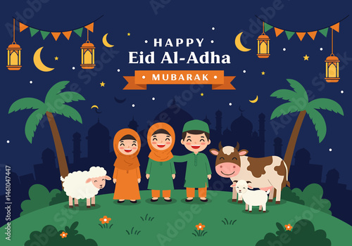 vector flat illustration of a Muslim family celebrating Eid Al-Adha Mubarak with a sheep, cow, goat. Features mosque silhouettes, crescent moon, and stars. Perfect for festive greetings