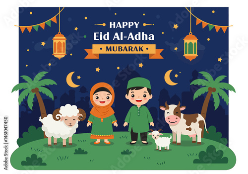 vector flat illustration of a Muslim family celebrating Eid Al-Adha Mubarak with a sheep, cow, goat. Features mosque silhouettes, crescent moon, and stars. Perfect for festive greetings
