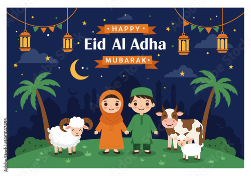 vector flat illustration of a Muslim family celebrating Eid Al-Adha Mubarak with a sheep, cow, goat. Features mosque silhouettes, crescent moon, and stars. Perfect for festive greetings