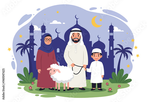 vector flat illustration of a Muslim family celebrating Eid Al-Adha Mubarak with a sheep, cow, goat. Features mosque silhouettes, crescent moon, and stars. Perfect for festive greetings