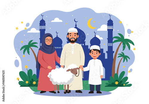 vector flat illustration of a Muslim family celebrating Eid Al-Adha Mubarak with a sheep, cow, goat. Features mosque silhouettes, crescent moon, and stars. Perfect for festive greetings