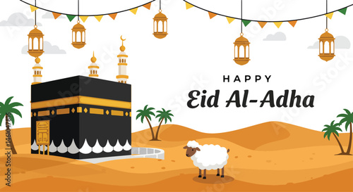 Adobe Illustrator Artwork vector flat illustration for Happy Eid Al-Adha Mubarak featuring the Kaaba, a goat, sheep, desert landscape, lanterns, and string lights. Perfect for Eid greetings