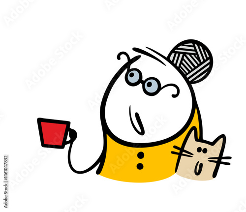 Cute portrait of an elderly woman and a pet. Vector illustration of a stickman drinking coffee, having breakfast, a cat sitting next to him, cuddling.