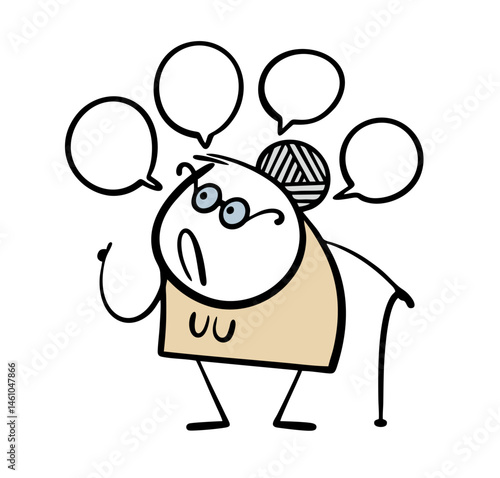 Cartoon disgruntled old lady teaches young people about life, gives advice, criticizes. Vector illustration of caricature woman angrily condemning neighbors and passersby, talking a lot.