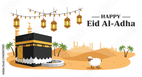 Adobe Illustrator Artwork vector flat illustration for Happy Eid Al-Adha Mubarak featuring the Kaaba, a goat, sheep, desert landscape, lanterns, and string lights. Perfect for Eid greetings