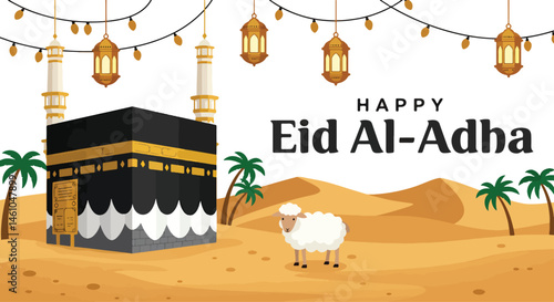 Adobe Illustrator Artwork vector flat illustration for Happy Eid Al-Adha Mubarak featuring the Kaaba, a goat, sheep, desert landscape, lanterns, and string lights. Perfect for Eid greetings