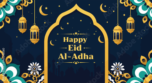 Adobe Illustrator Artwork vector flat illustration for Eid Al Adha Mubarak. Features a detailed mosque, hanging lanterns, clouds, and stars. Perfect for elegant Eid greetings and festive designs