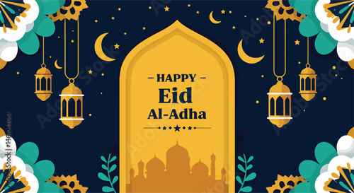 Adobe Illustrator Artwork vector flat illustration for Eid Al Adha Mubarak. Features a detailed mosque, hanging lanterns, clouds, and stars. Perfect for elegant Eid greetings and festive designs