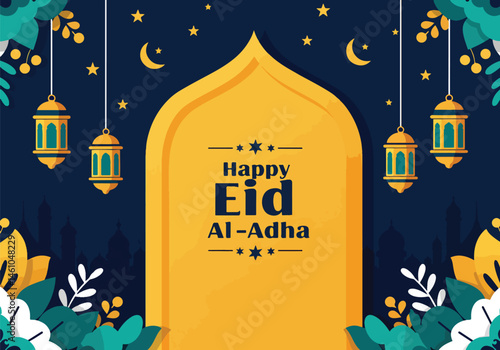 Adobe Illustrator Artwork vector flat illustration for Eid Al Adha Mubarak. Features a detailed mosque, hanging lanterns, clouds, and stars. Perfect for elegant Eid greetings and festive designs