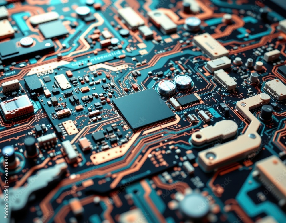 Obraz premium create an abstract futuristic image featuring a construction circuit board in a 3d rendering, the background should have a technology theme, with a clear, sparkling teal tone