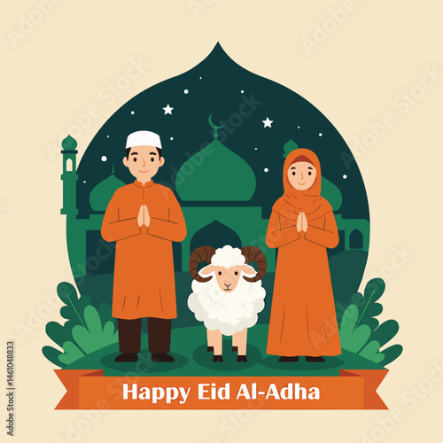 Festive vector flat illustration for Eid Al-Adha Mubarak. Features a Muslim couple, sheep, mosque silhouette, crescent moon, and stars. Perfect for Eid greetings and celebrations