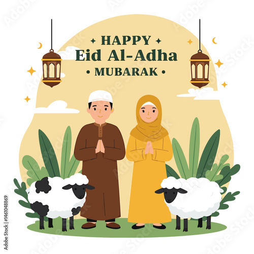 Festive vector flat illustration for Eid Al-Adha Mubarak. Features a Muslim couple, sheep, mosque silhouette, crescent moon, and stars. Perfect for Eid greetings and celebrations