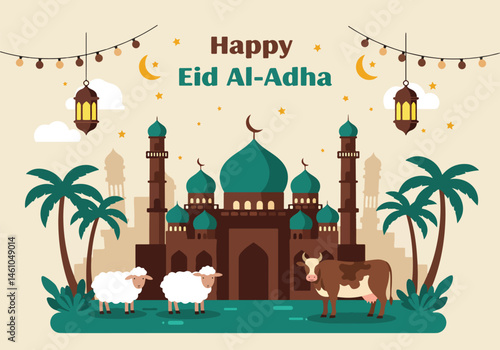 vector flat illustration for Happy Eid Al-Adha. Features a mosque, sheep, camel, cow, crescent moons, stars, lanterns, and palm trees. Perfect for Eid greetings and festive designs