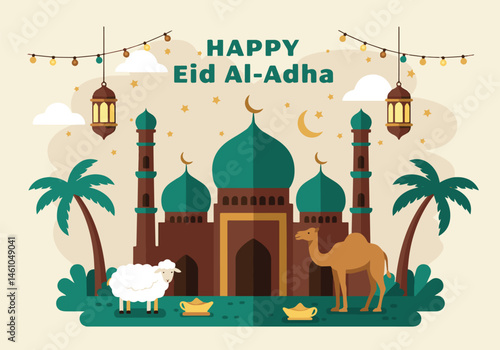 vector flat illustration for Happy Eid Al-Adha. Features a mosque, sheep, camel, cow, crescent moons, stars, lanterns, and palm trees. Perfect for Eid greetings and festive designs