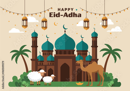 vector flat illustration for Happy Eid Al-Adha. Features a mosque, sheep, camel, cow, crescent moons, stars, lanterns, and palm trees. Perfect for Eid greetings and festive designs