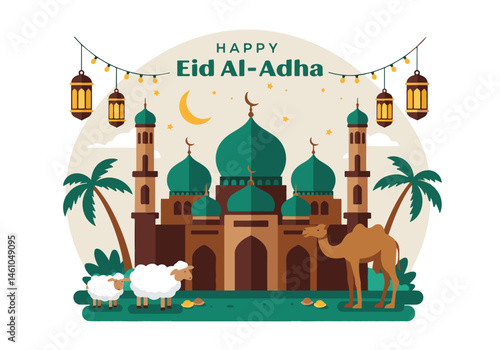 vector flat illustration for Happy Eid Al-Adha. Features a mosque, sheep, camel, cow, crescent moons, stars, lanterns, and palm trees. Perfect for Eid greetings and festive designs