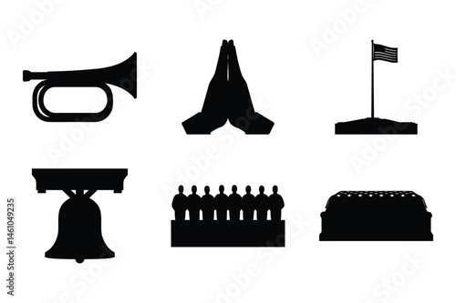 Memorial Day Tribute Icons Bugle, Prayer Hands, Flag, Liberty Bell, Choir, and Coffin Silhouettes