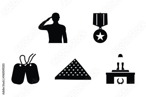 Memorial Day Tribute Symbols Saluting Soldier, Medal of Honor, Dog Tags, Folded Flag, and Military Memorial