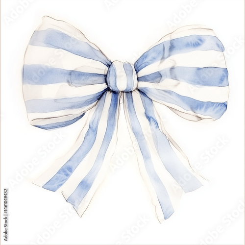 watercolor striped bow, pastel blue and white, isolated on white background