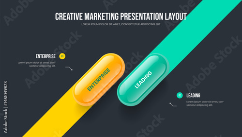Advertising Analysis Slideshow Template Vector Illustration. Modern Performance 2 Option Infographic Presentation Layout. Investor Plan Two Step Diagram Frame Design.