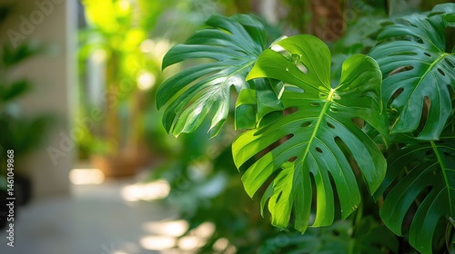 Monstera Philodendron leaves in a tropical paradise, vibrant and serene
