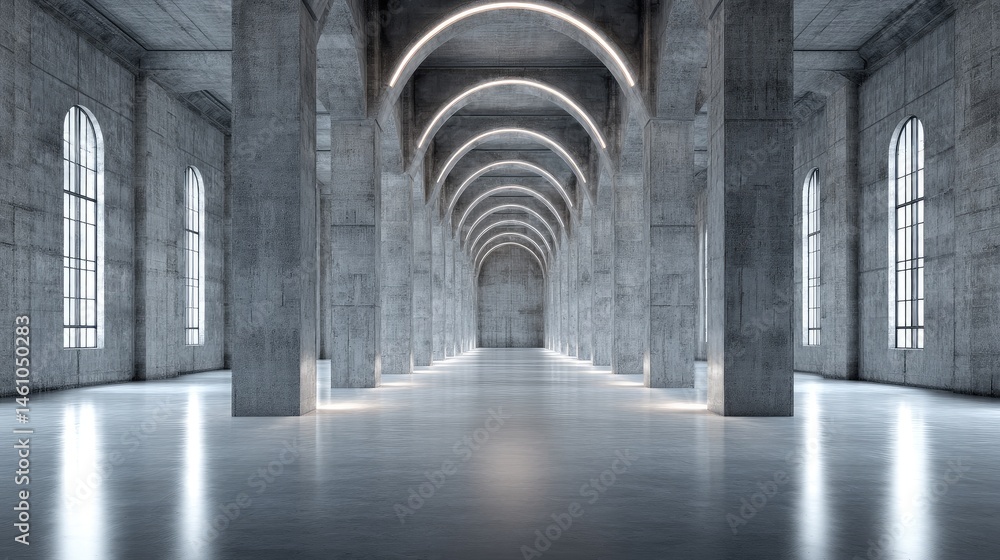 Obraz premium Minimalist concrete hall with towering columns and arched windows, embodying serene symmetry and modern elegance.