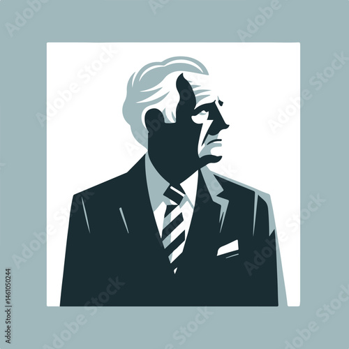 Elderly man in profile wearing a suit against a minimalist background  