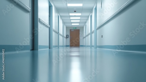Long empty corridor in a modern hospital building during daytime with bright lighting and minimalistic design features
